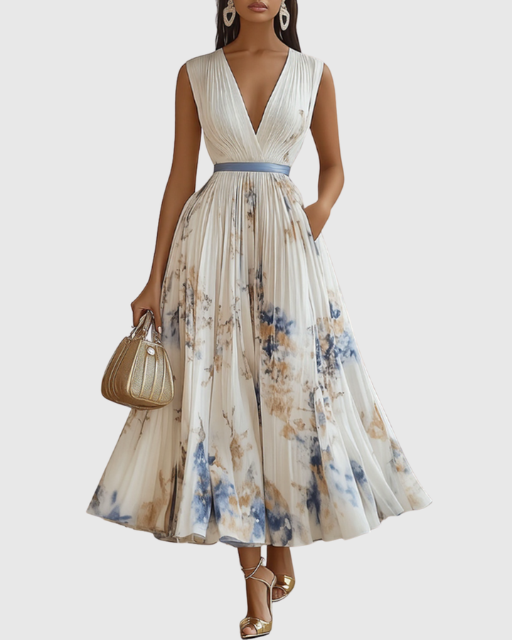 Floral Pleated V-Neck Womens Maxi Dress, Long Sleeve
