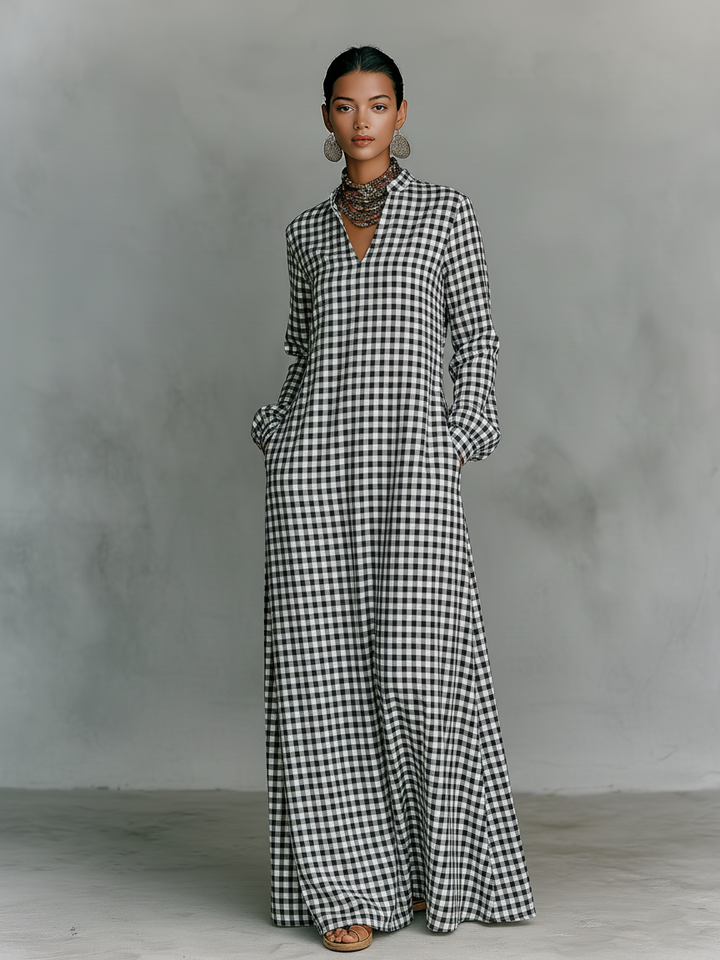 Plaid V-Neck Long-Sleeve Cotton Womens Maxi Dress