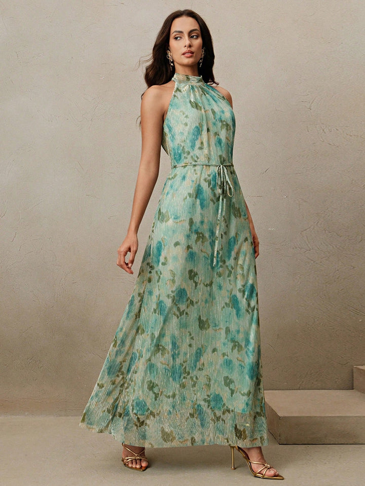 Floral Pleated Womens Maxi Dress, Flowing Wedding Guest