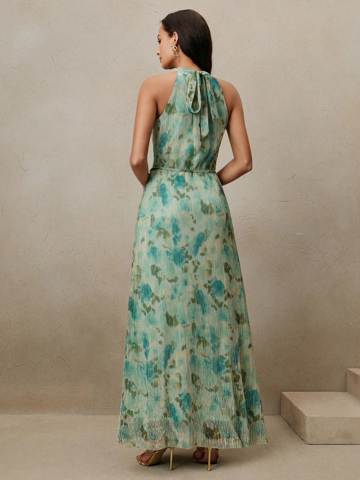 Floral Pleated Womens Maxi Dress, Flowing Wedding Guest