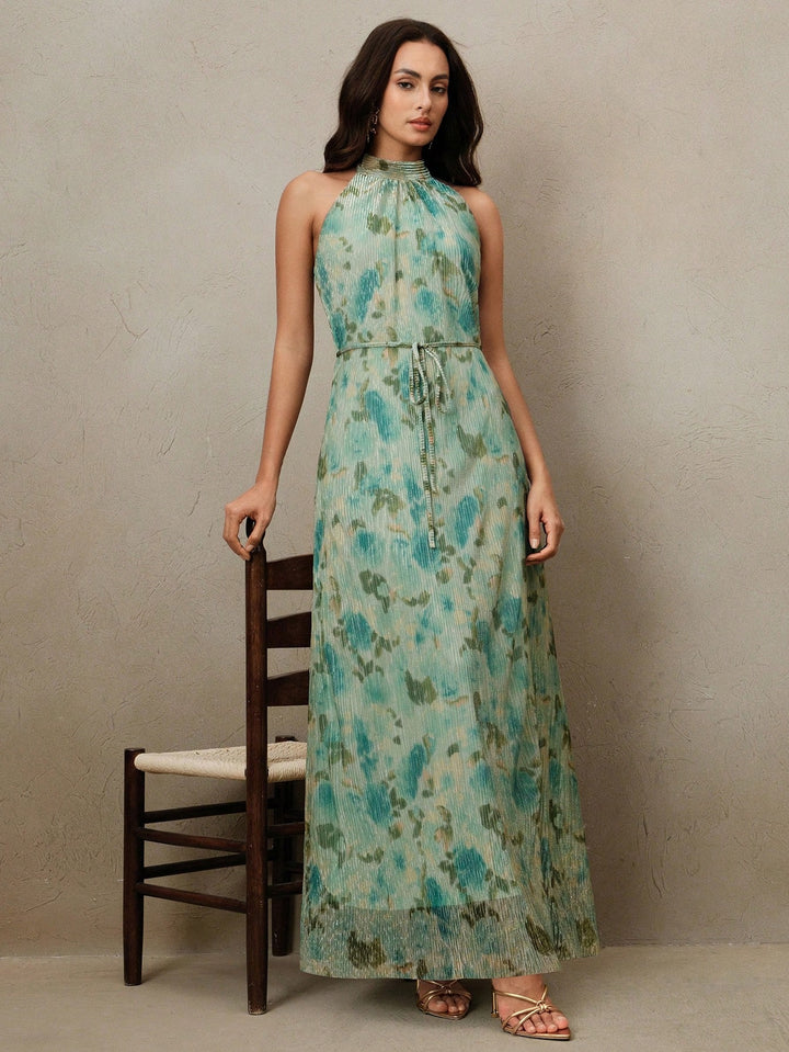 Floral Pleated Womens Maxi Dress, Flowing Wedding Guest