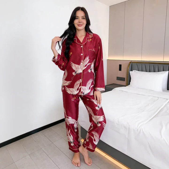Crane-Print Button-Up Long-Sleeve Satin Womens Pajamas
