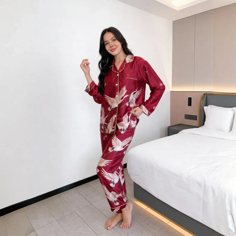 Crane-Print Button-Up Long-Sleeve Satin Womens Pajamas