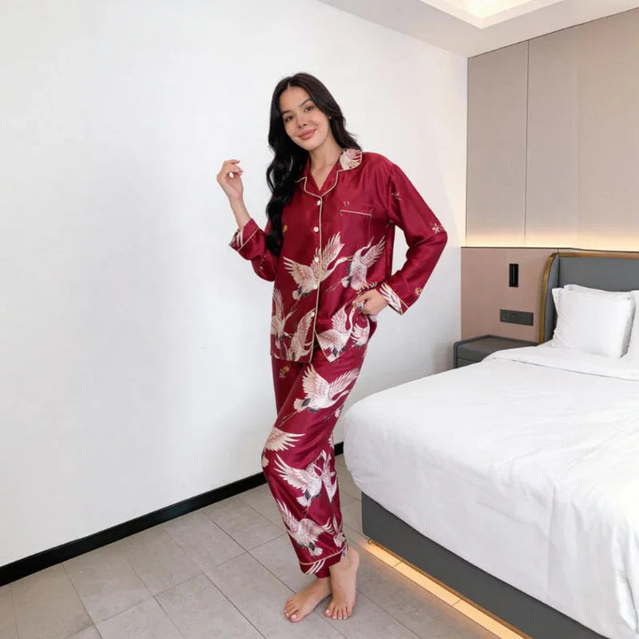 Crane-Print Button-Up Long-Sleeve Satin Womens Pajamas