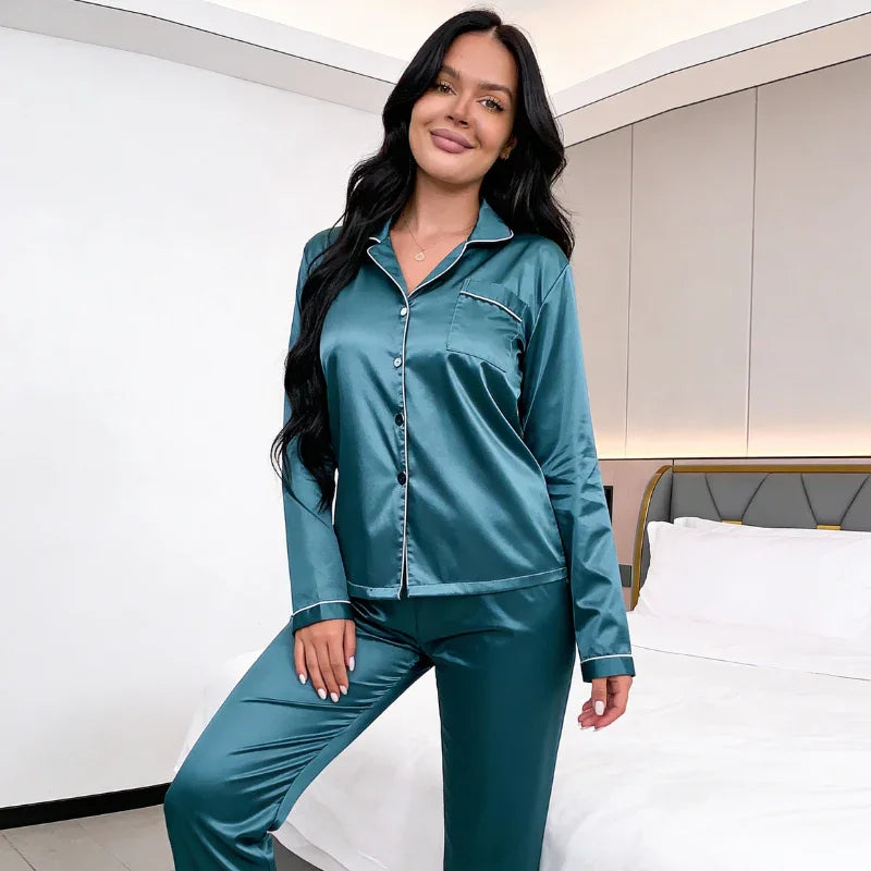 Button-Up Long-Sleeve Satin Womens Pajama Set, Classic