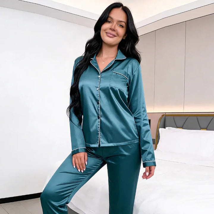 Button-Up Long-Sleeve Satin Womens Pajama Set, Classic