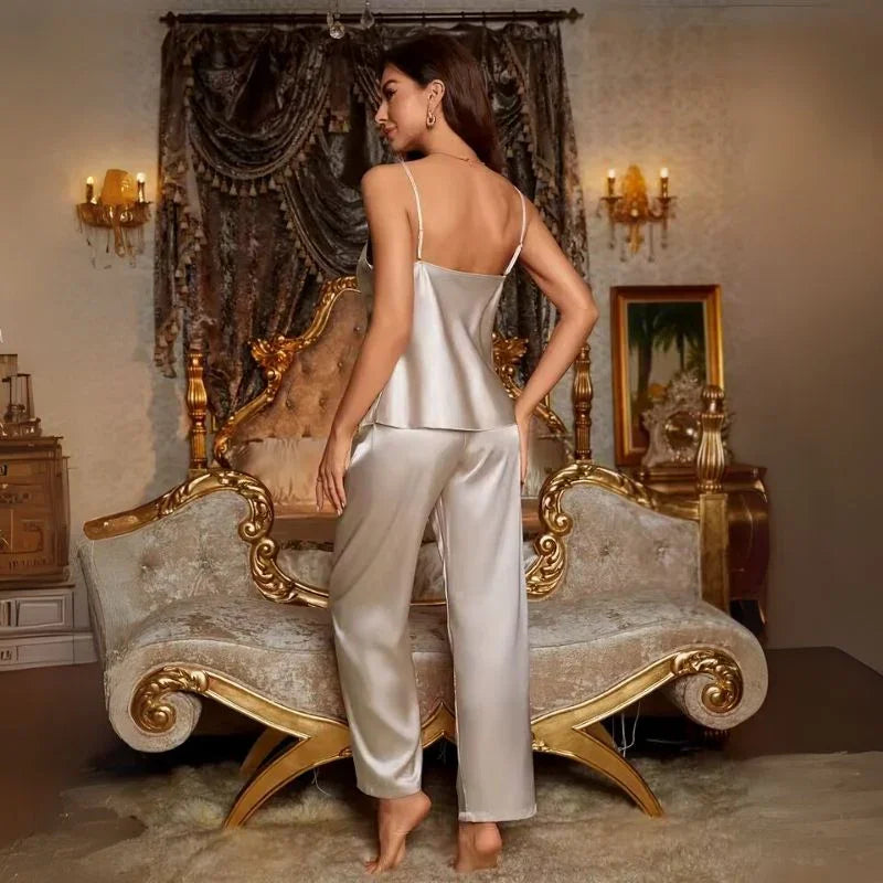 Cami &amp; Long Pants Satin Womens Pajama Set, Minimalist
