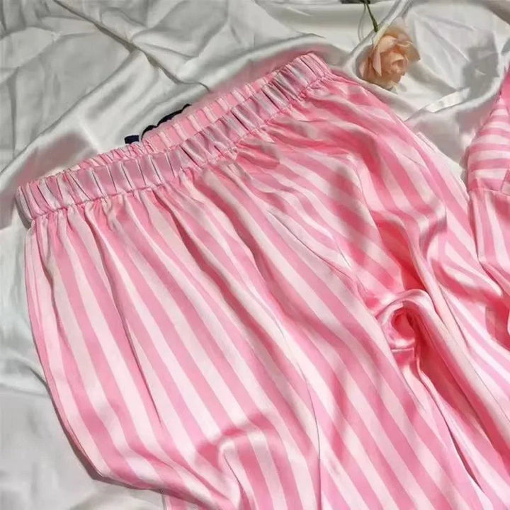 Striped V-Neck Long-Sleeve Satin Womens Pajama Set