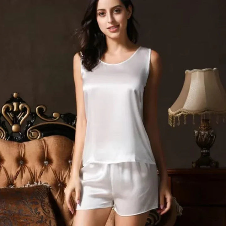 Puff-Sleeve Babydoll &amp; Shorts Womens Set in Silk Blend