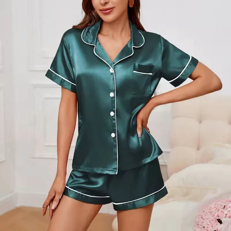 Short-Sleeve Button-Up Satin Womens Pajama Short Set