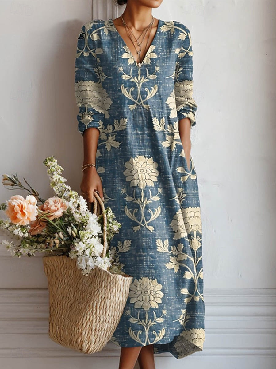 Floral V-Neck Linen Womens Midi Dress with Pockets