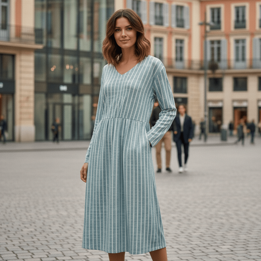 Striped V-Neck Womens Midi Dress, Breathable Casual