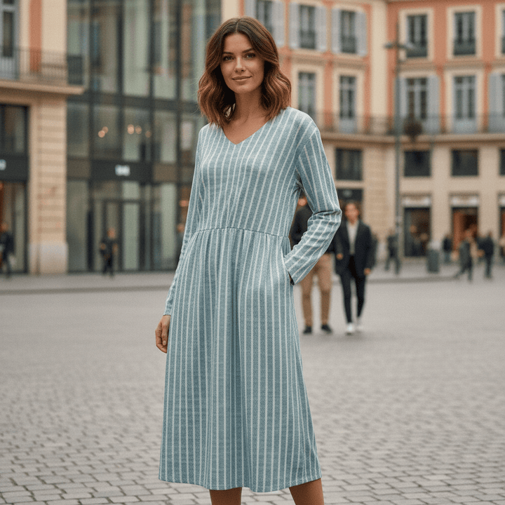 Striped V-Neck Womens Midi Dress, Breathable Casual