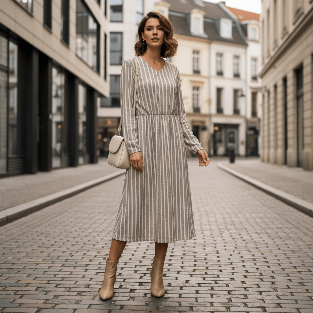 Striped V-Neck Womens Midi Dress, Breathable Casual