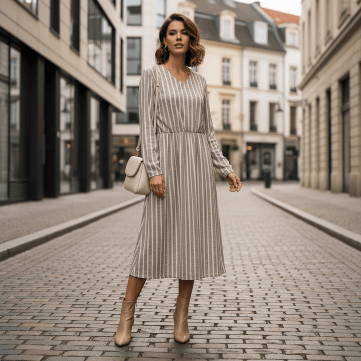 Striped V-Neck Womens Midi Dress, Breathable Casual