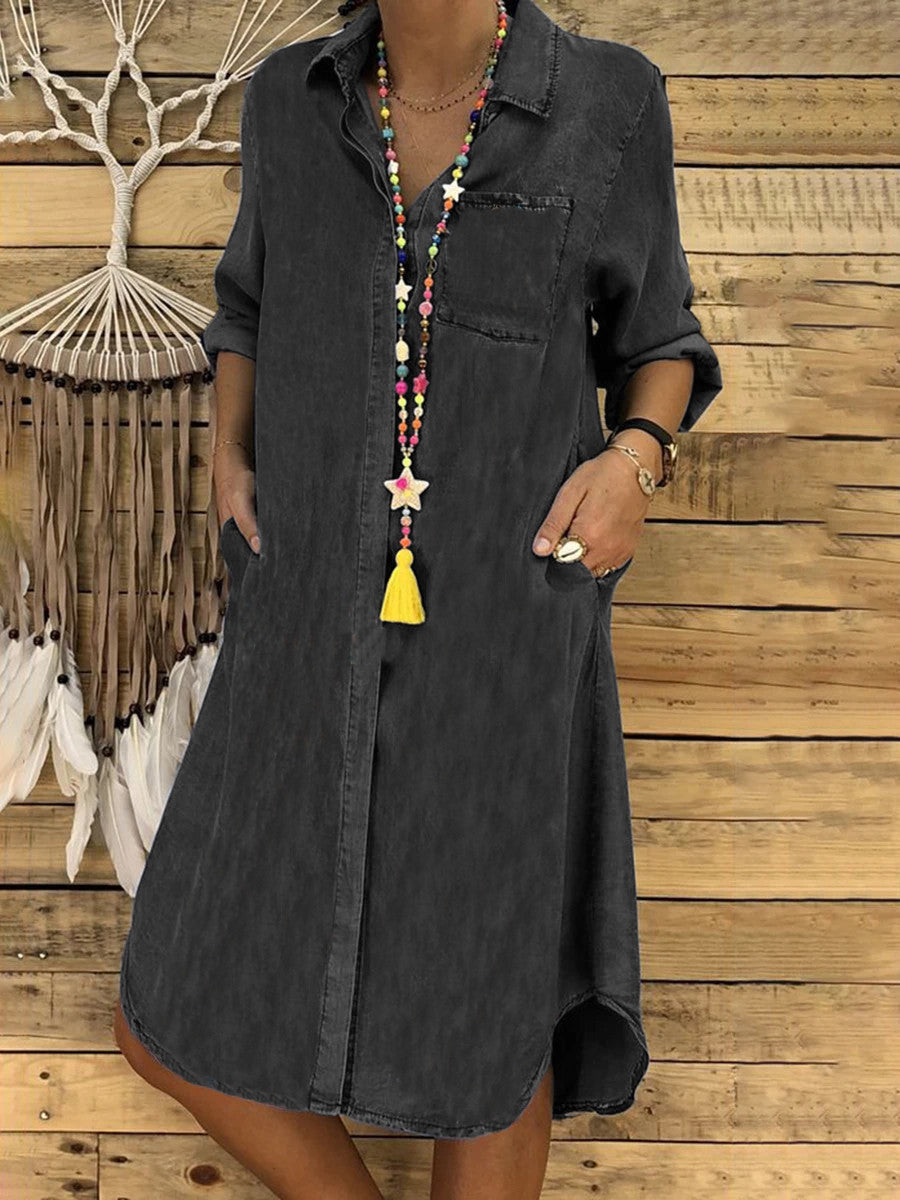 Relaxed Button-Down Denim Womens Shirt Dress, Casual