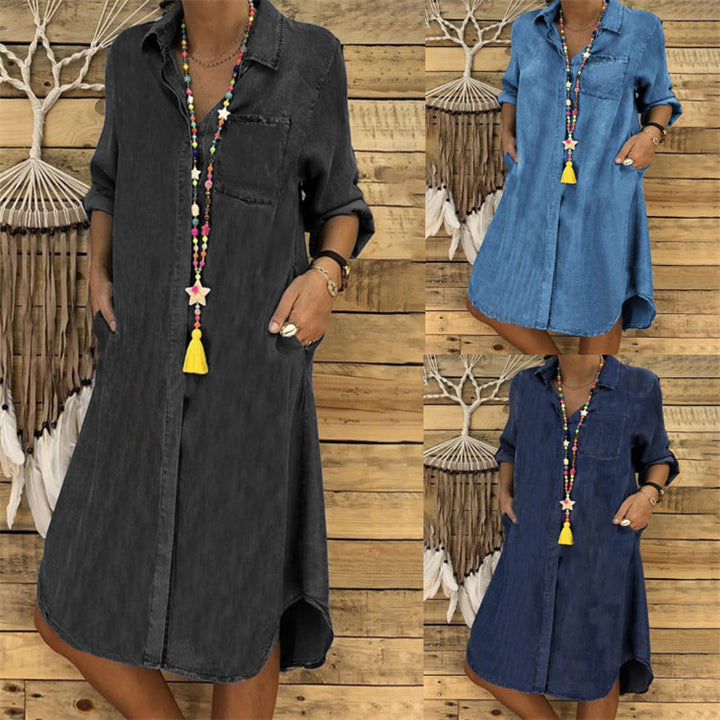 Relaxed Button-Down Denim Womens Shirt Dress, Casual