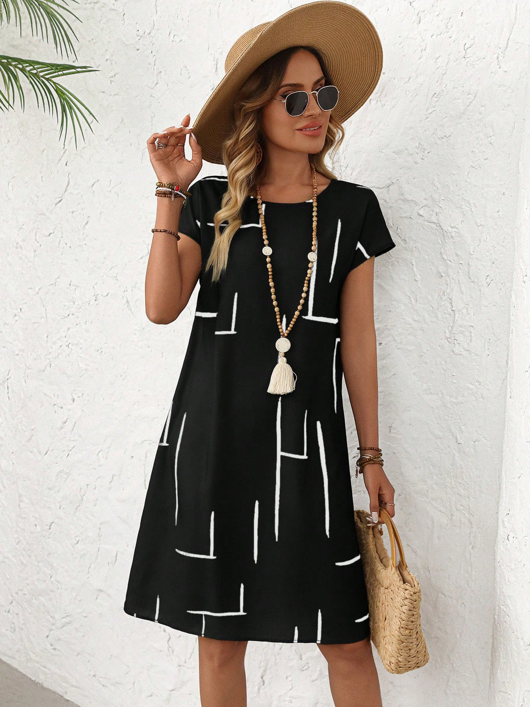 Printed Batwing-Sleeve Round-Neck Casual Womens Dress