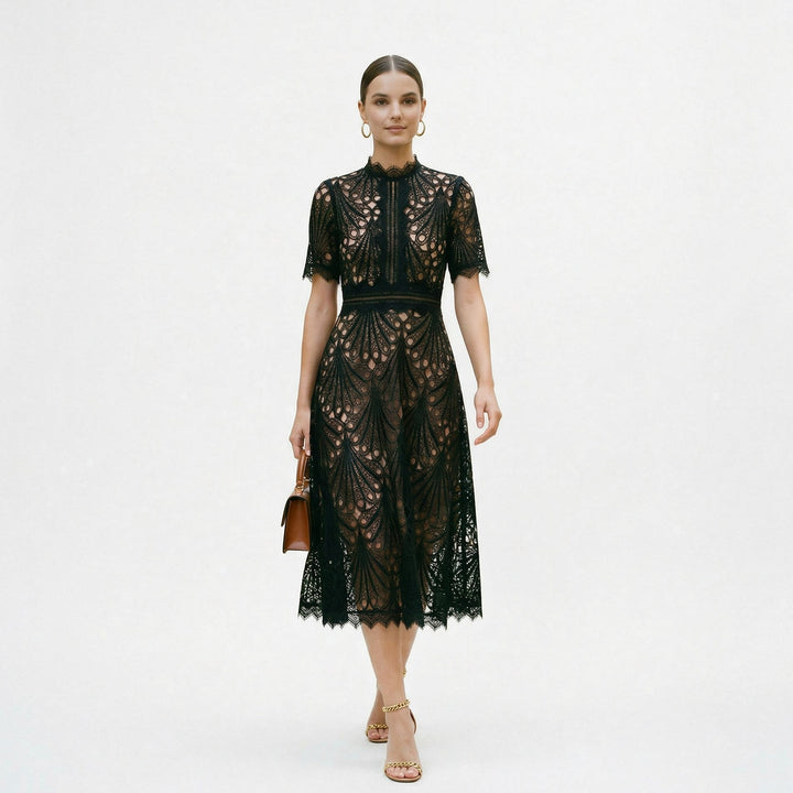 Lace Womens Midi Dress, High-Neck Fitted Wedding Guest