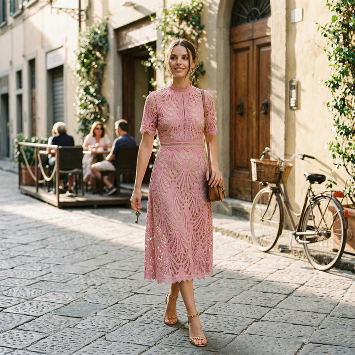 Lace Womens Midi Dress, High-Neck Fitted Wedding Guest