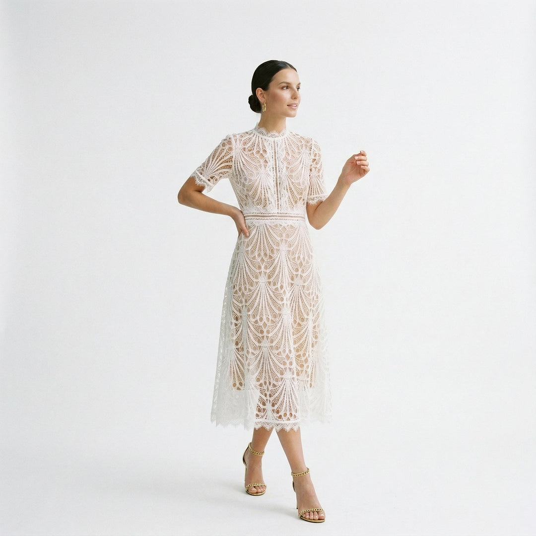Lace Womens Midi Dress, High-Neck Fitted Wedding Guest