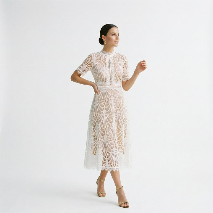 Lace Womens Midi Dress, High-Neck Fitted Wedding Guest