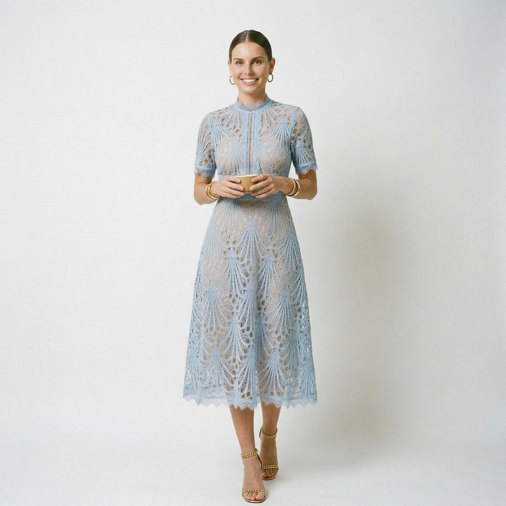 Lace Womens Midi Dress, High-Neck Fitted Wedding Guest