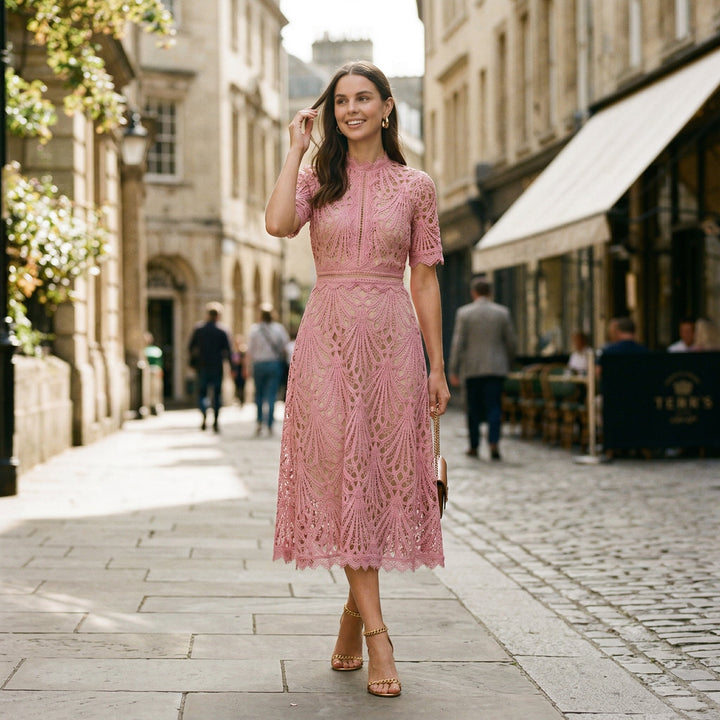 Lace Womens Midi Dress, High-Neck Fitted Wedding Guest