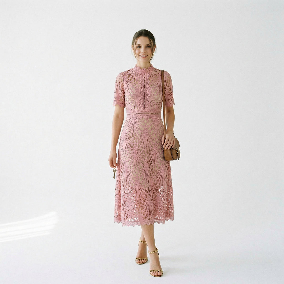 Lace Womens Midi Dress, High-Neck Fitted Wedding Guest