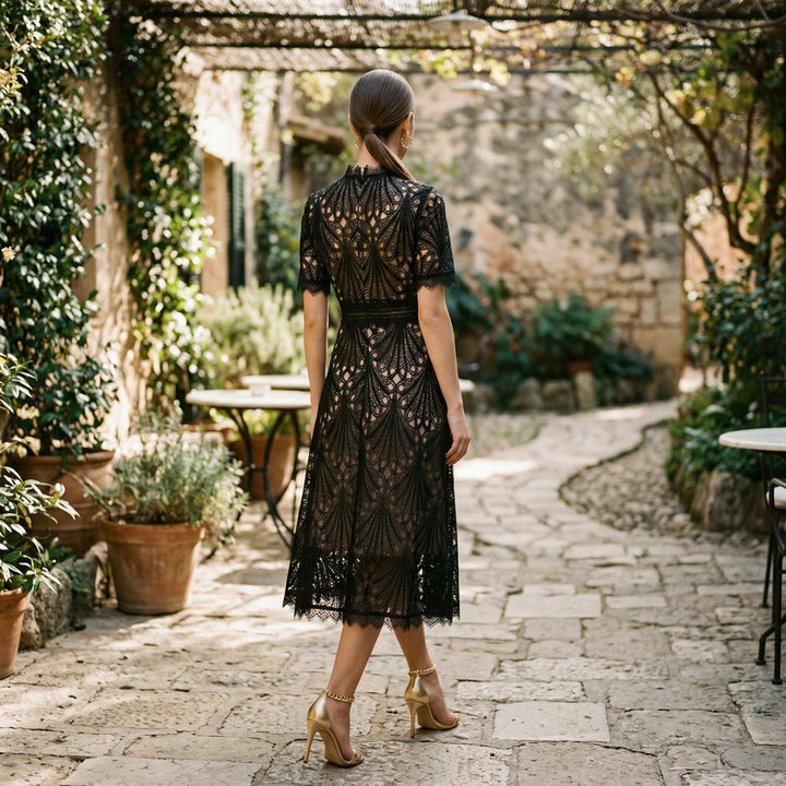 Lace Womens Midi Dress, High-Neck Fitted Wedding Guest