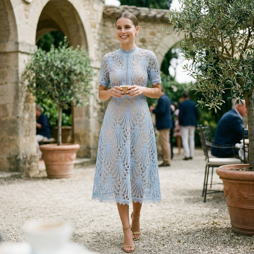 Lace Womens Midi Dress, High-Neck Fitted Wedding Guest