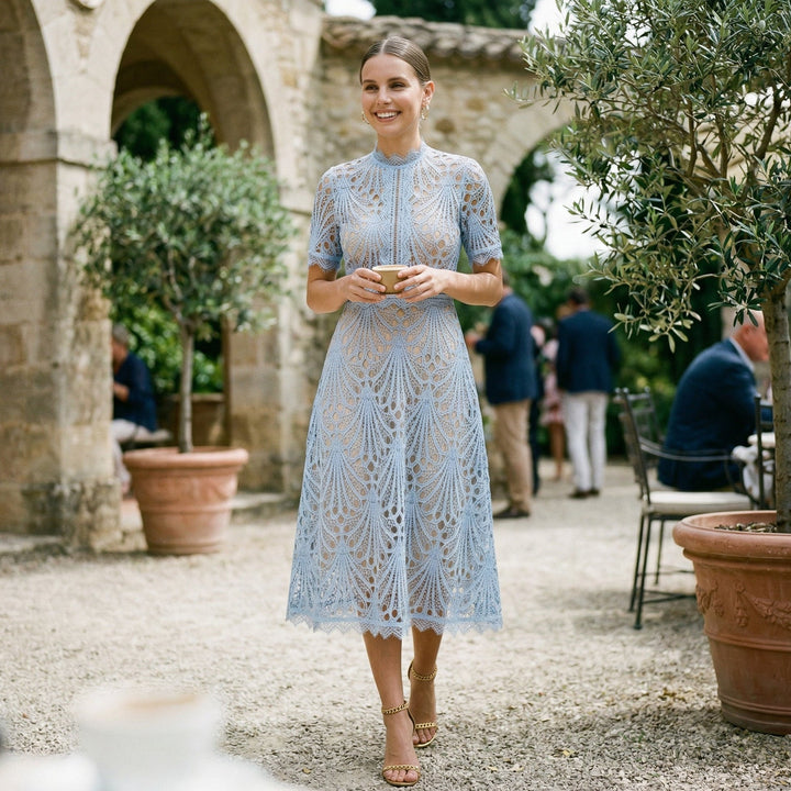 Lace Womens Midi Dress, High-Neck Fitted Wedding Guest
