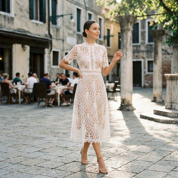 Lace Womens Midi Dress, High-Neck Fitted Wedding Guest