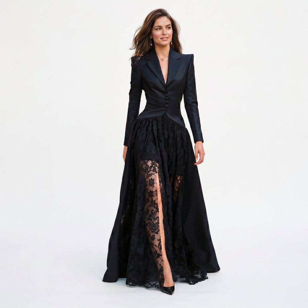 Satin Blazer &amp; Lace Womens Gown Set, Three-Piece Formal
