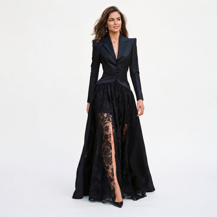 Satin Blazer &amp; Lace Womens Gown Set, Three-Piece Formal