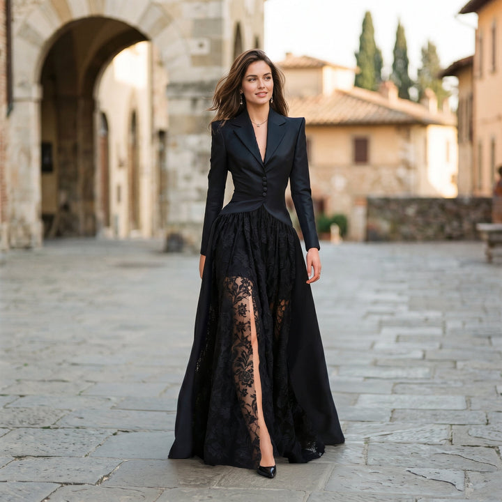 Satin Blazer &amp; Lace Womens Gown Set, Three-Piece Formal