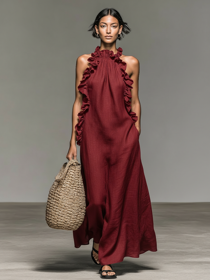 Ruffle-Trim Sleeveless Womens Maxi Dress in Linen Blend
