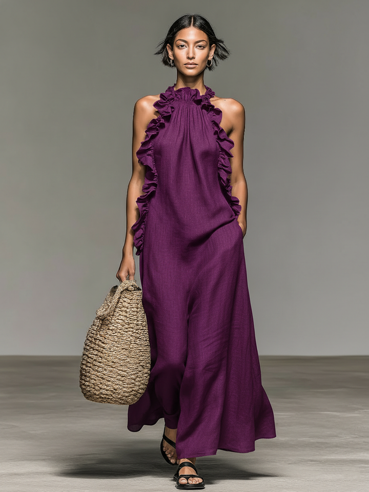 Ruffle-Trim Sleeveless Womens Maxi Dress in Linen Blend