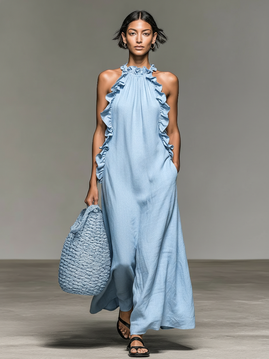 Ruffle-Trim Sleeveless Womens Maxi Dress in Linen Blend
