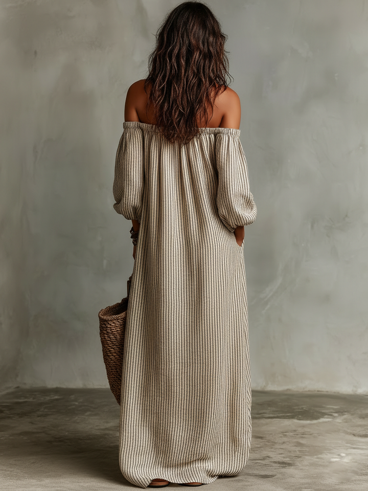 Off-Shoulder Cotton-Linen Womens Maxi Dress, Long Sleeve