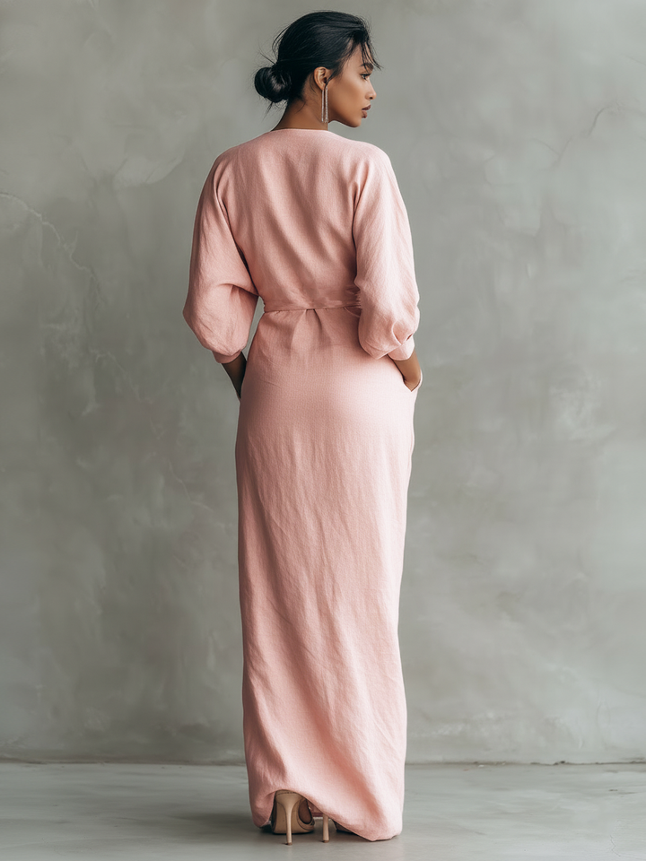 V-Neck Minimalist Womens Maxi Dress in Linen Blend