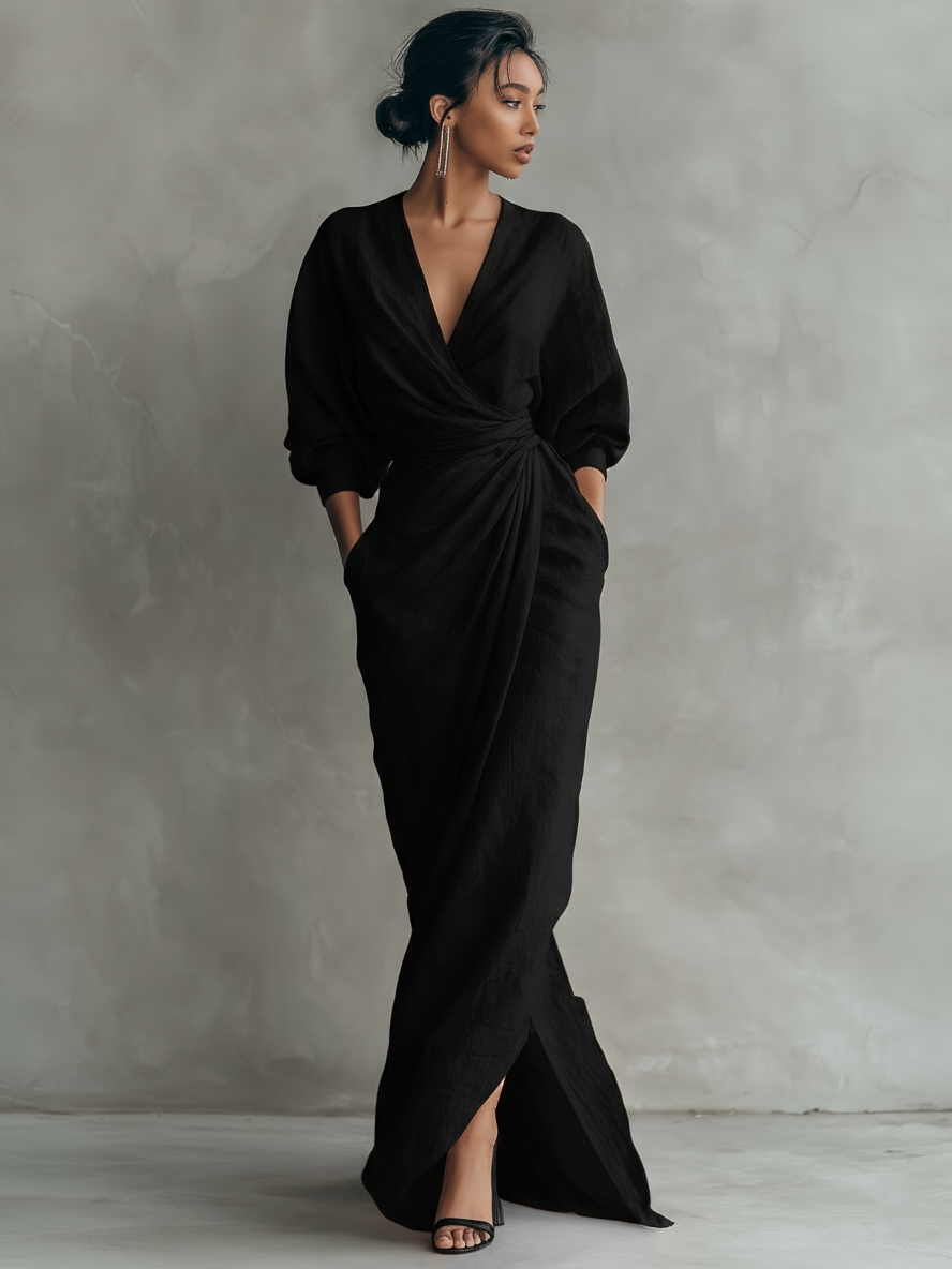 V-Neck Minimalist Womens Maxi Dress in Linen Blend