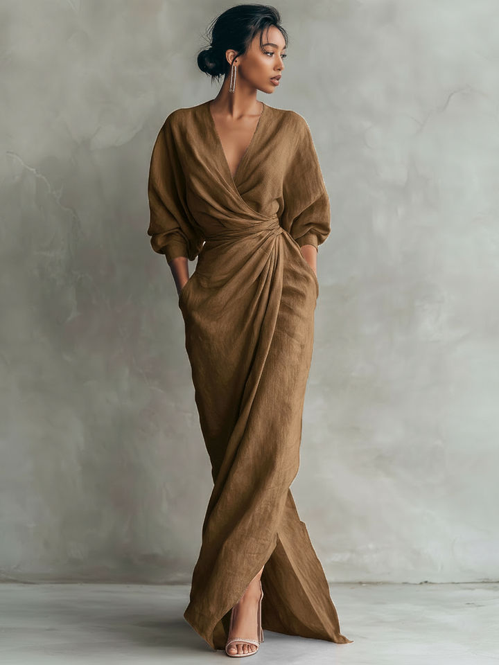 V-Neck Minimalist Womens Maxi Dress in Linen Blend