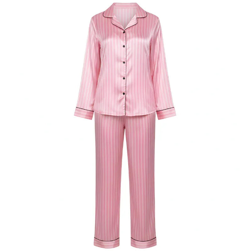 Striped V-Neck Long-Sleeve Satin Womens Pajama Set
