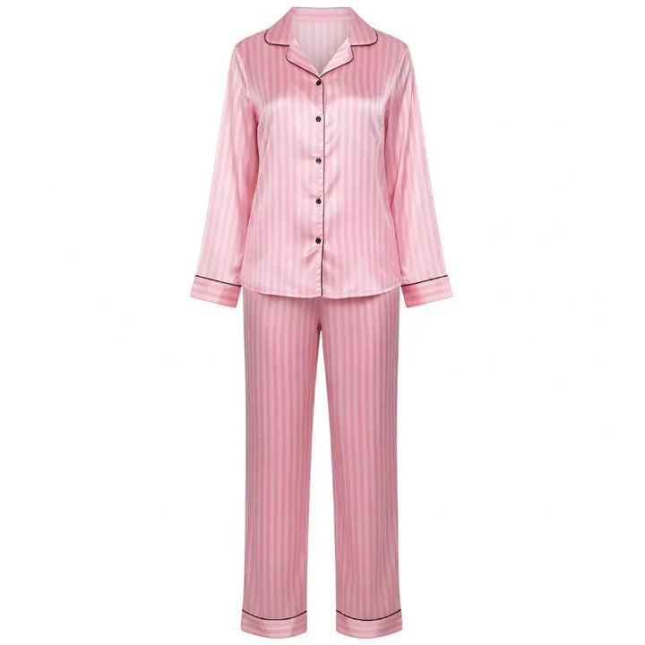 Striped V-Neck Long-Sleeve Satin Womens Pajama Set