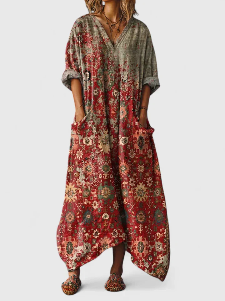Boho Print Cotton Womens Maxi Dress, V-Neck Pockets