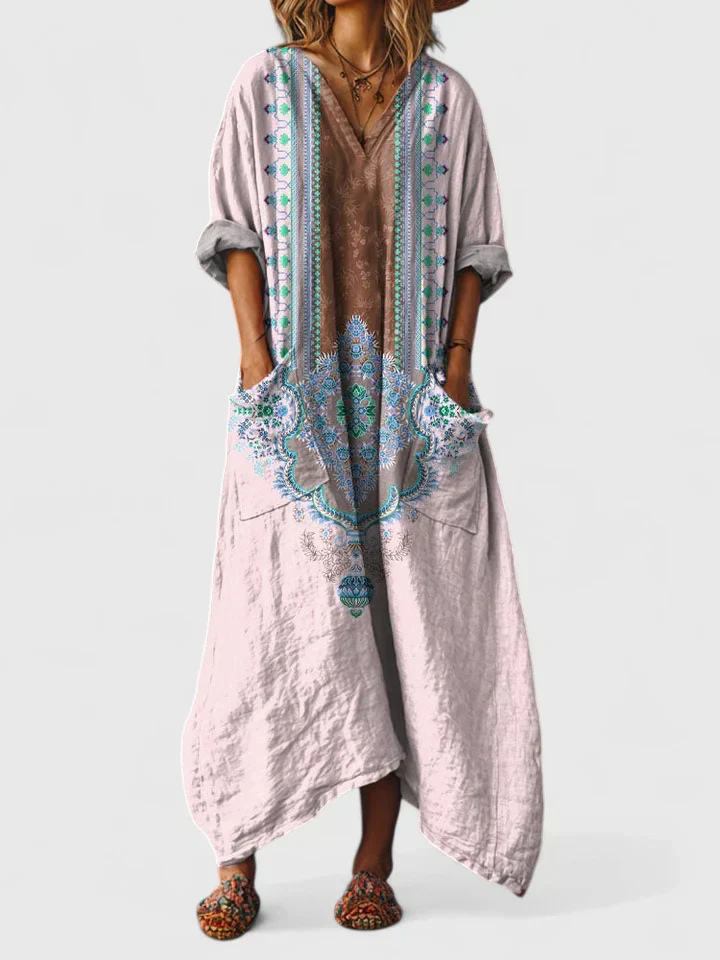 Boho Print Cotton Womens Maxi Dress, V-Neck Pockets