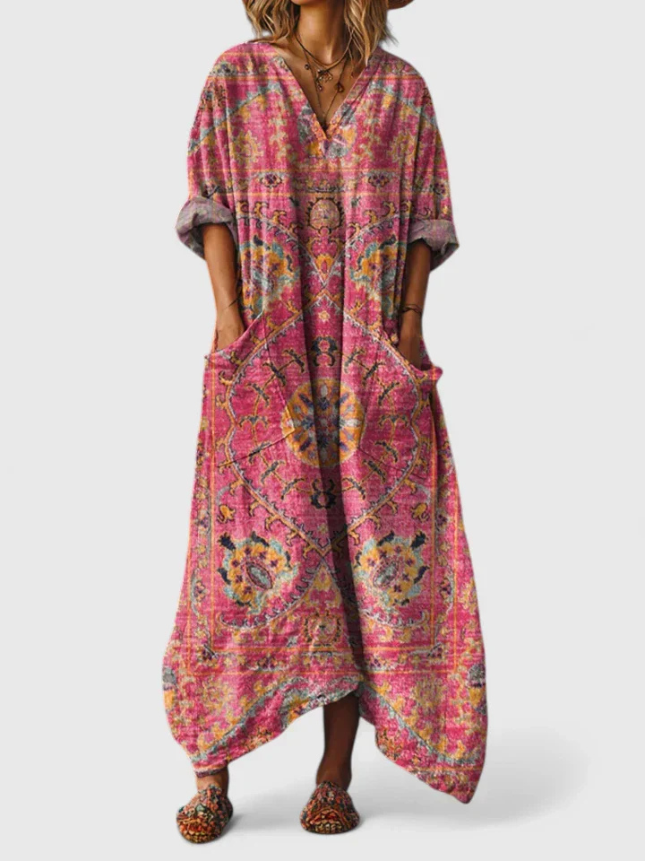 Boho Print Cotton Womens Maxi Dress, V-Neck Pockets