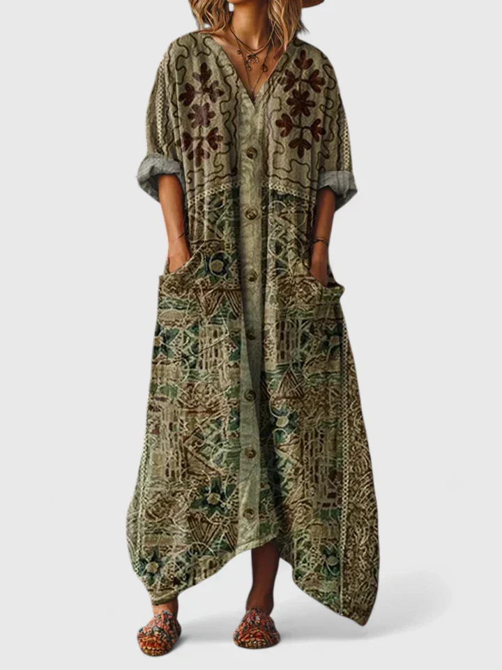Boho Print Cotton Womens Maxi Dress, V-Neck Pockets