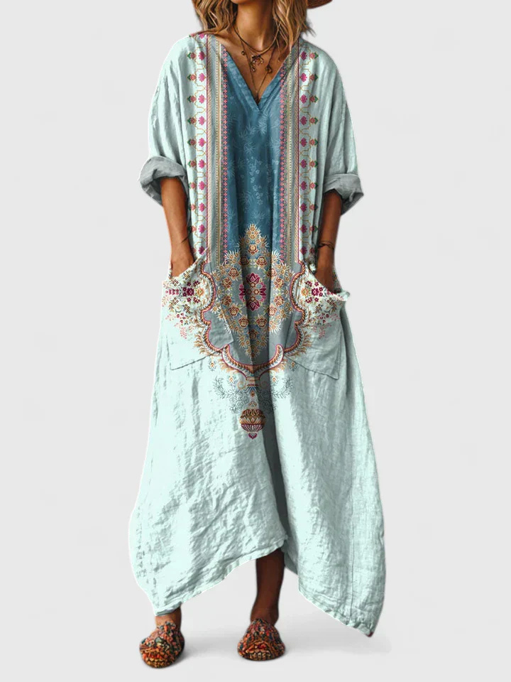 Boho Print Cotton Womens Maxi Dress, V-Neck Pockets